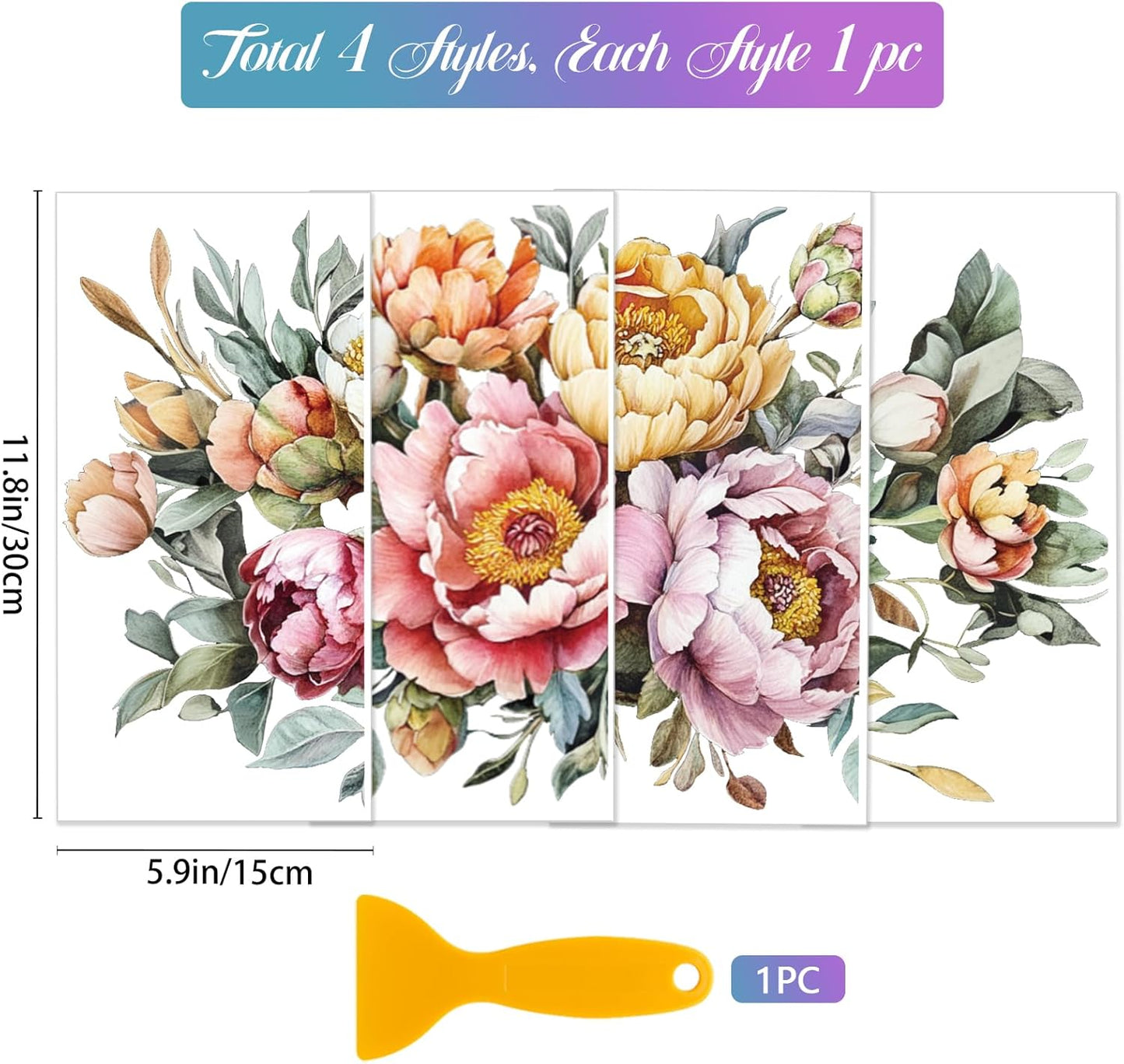 GLOBLELAND 4 Sheets Spring Peony Flowers Furniture Transfer 11.8x5.9inch Vintage Flowers Rub on Transfer UV Self-Adhesive Stickers Wall Art Craft for Bedroom Living Room Desk Table