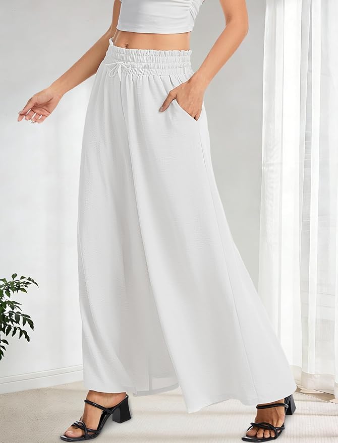 Women’s Wide Leg Pants Drawstring Elastic Waist Casual Trousers Lightweight Loose Lounge Pants with Pockets