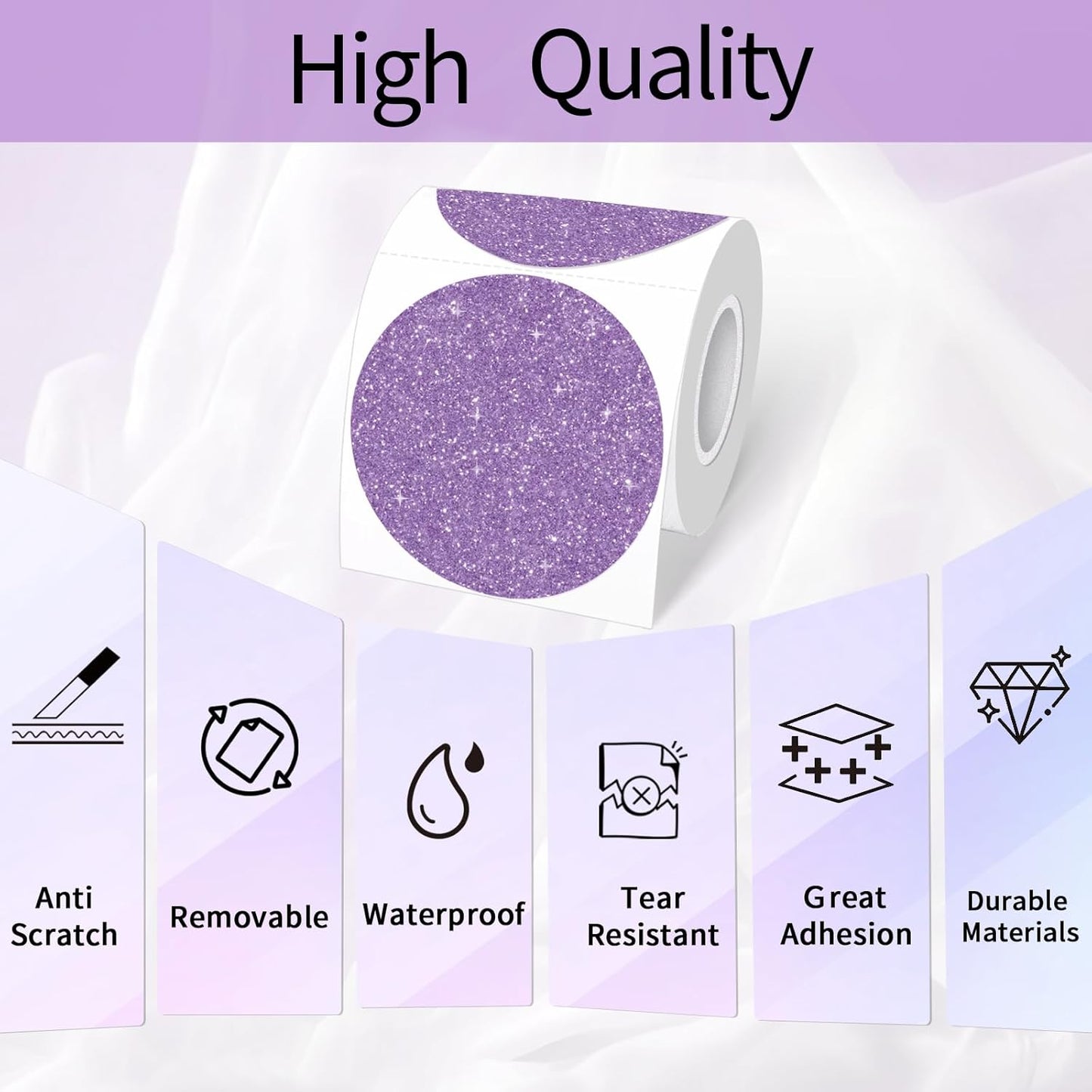 3" Circle Holographic Thermal Labels Stickers, Round Direct Thermal Label Stickers, Glitter Thermal Printer Sticker Labels for Gift Wrapping, Perforation Line Design- Glitter Purple