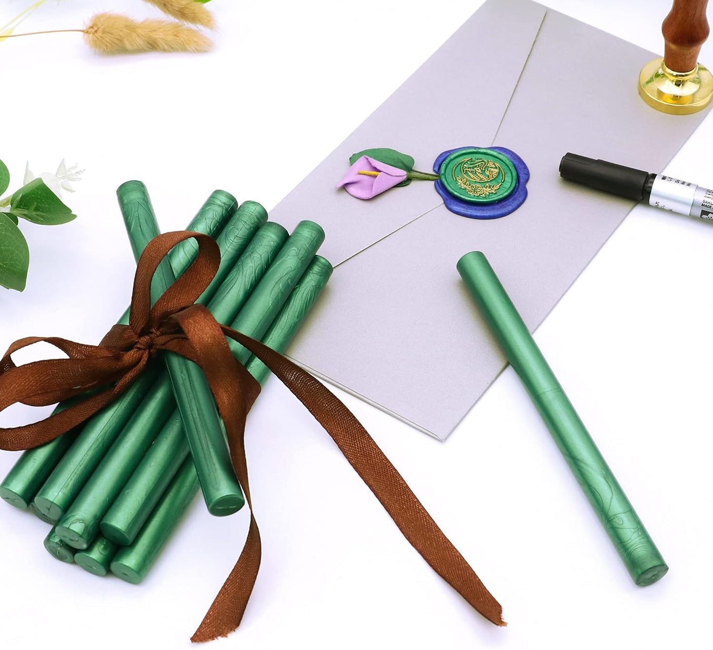SWANGSA 20 Pieces Glue Gun Sealing Wax Sticks Metallic Green for Wax Seal Stamp, Great for Wedding Invitations, Cards, Envelopes, Wine Packages, Gift Wrapping (Metallic Green)
