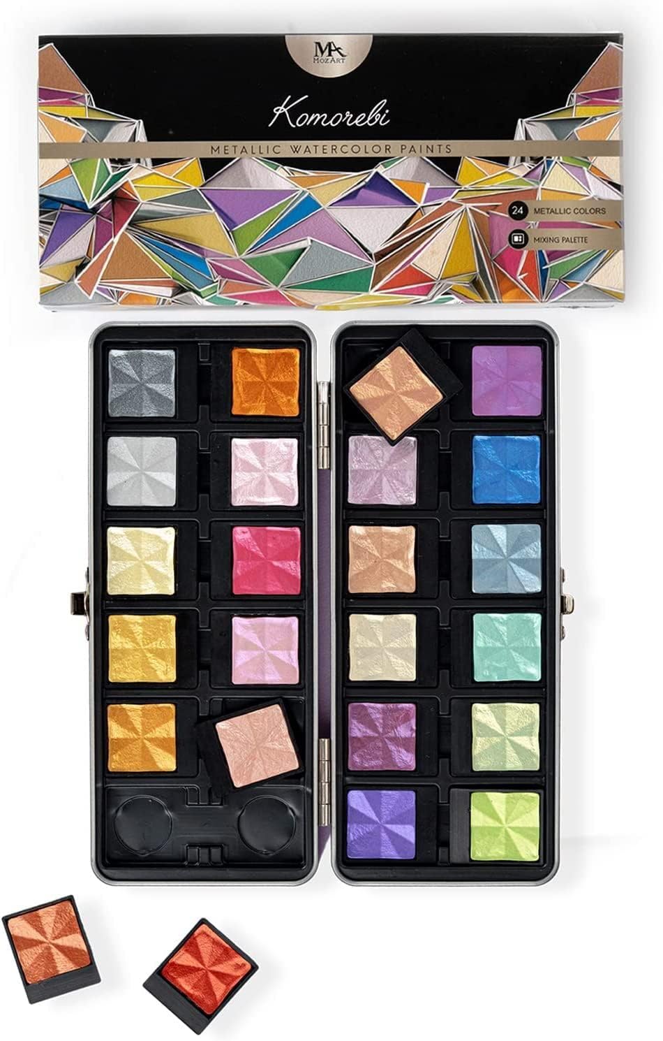 MozArt Supplies Komorebi Professional Metallic Watercolor Set - Portable Metal Box with Safety Lock and Fully Detachable Pans for Easy Customization - 24 Shimmering Colors for Arts and Crafts