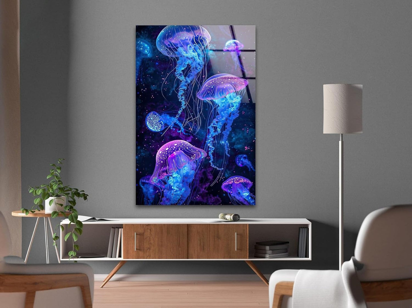 My Photostation.com 40WX60H'' Glowing Jellyfish Glass Wall Art Tempered Glass Printing Wall Decor Large Wall Art Wall Hangings