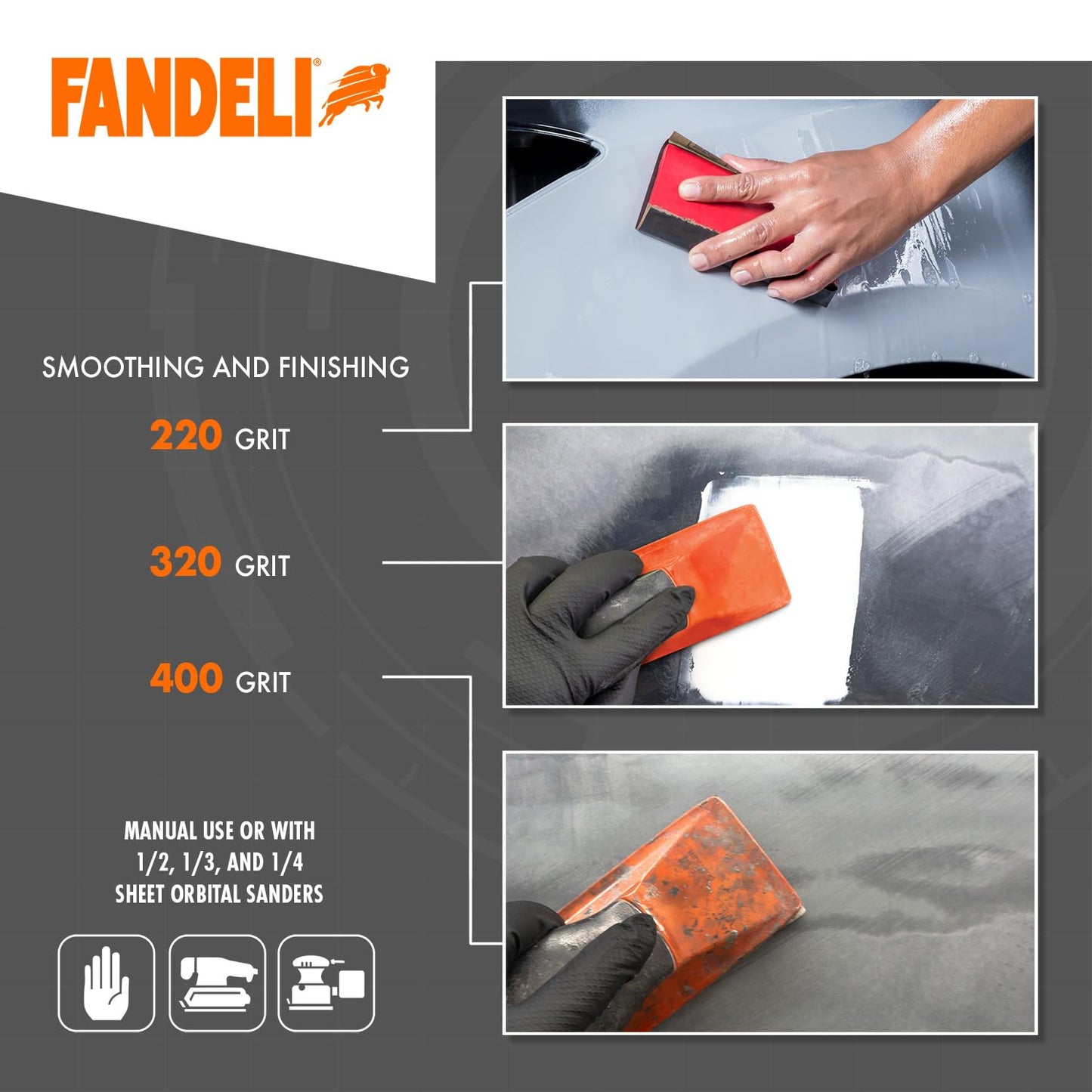 Fandeli | Waterproof Sandpaper | Assorted Grits (220, 320, 400) | 50 Sheets of 23 x 28 cm | Waterproof Car Sandpaper | Sanding Paint | Sanding Varnish