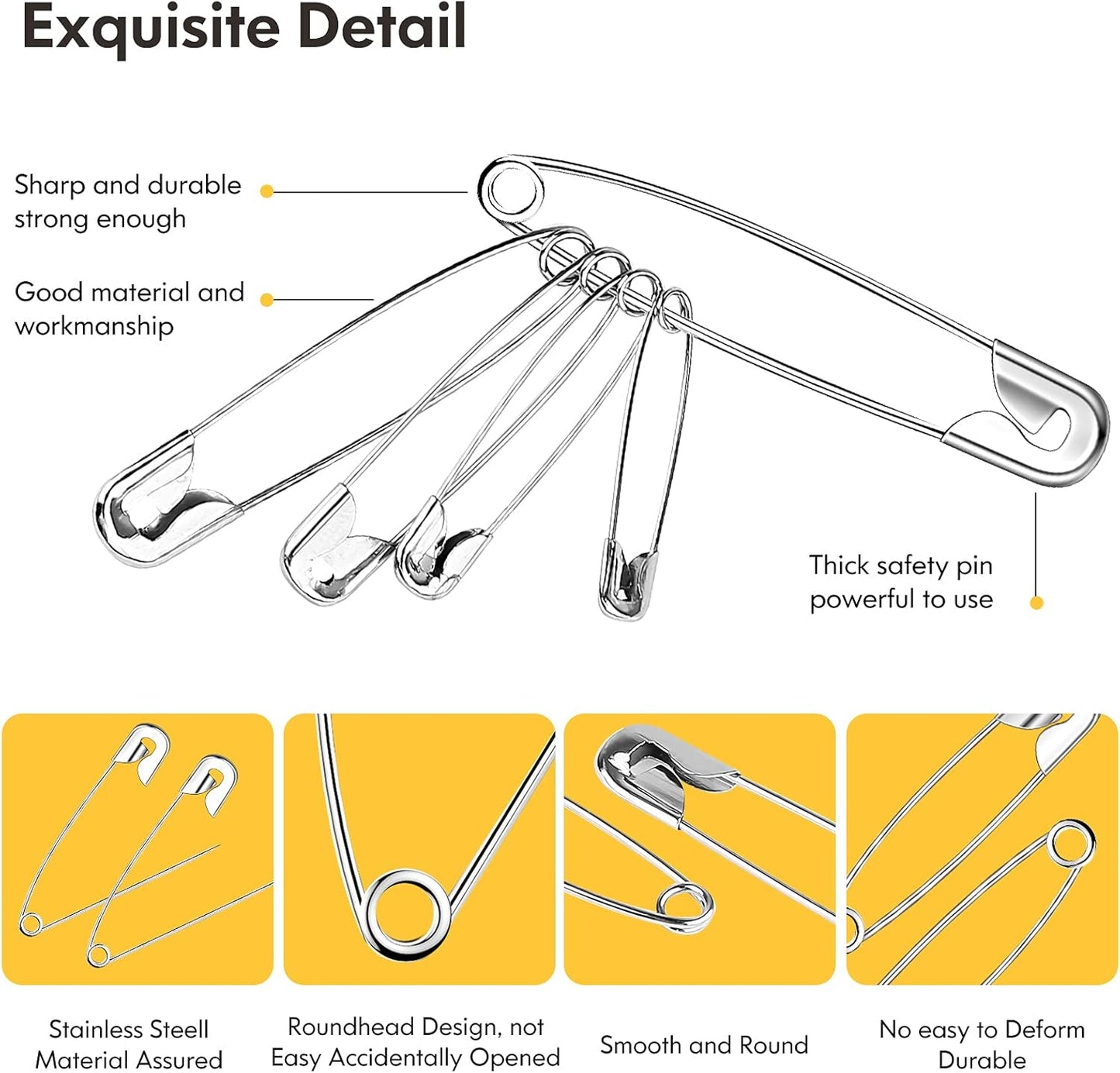 Huhuhero 150Pcs Safety Pins, Large & Small Safety Pins for Clothes Sewing Craft, Nickel Plated Steel Assorted Size Pins Bulk, Art and Craft Supplies (Sliver)