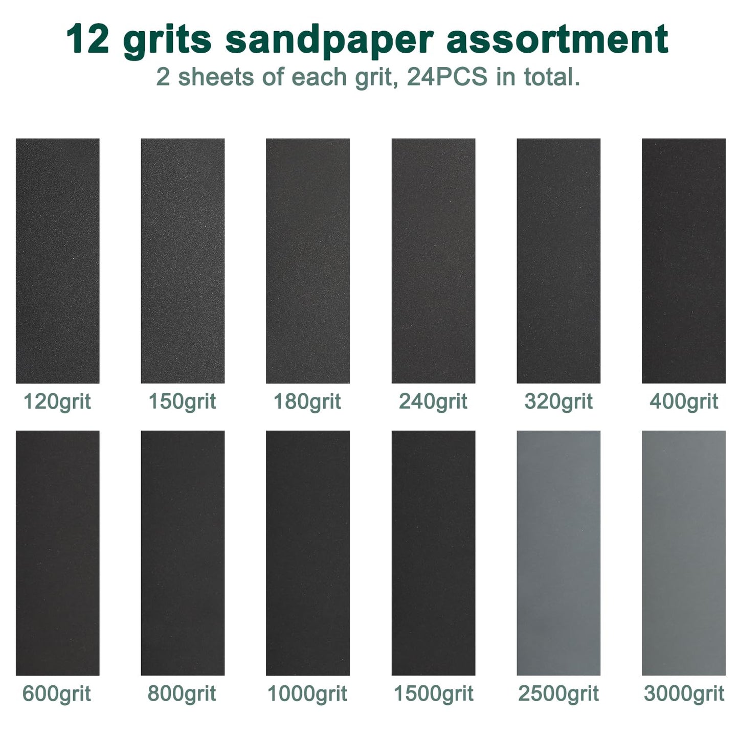 24PCS Sandpaper Assortment 12 Grits Wet Dry Sandpaper Sheets,Silicon Carbide Sanding Paper 120 to 3000 Grit Fine Sandpapers and Coarse Sand Paper for Metal, Wood Furniture and Automotive (9x3.6 Inch)
