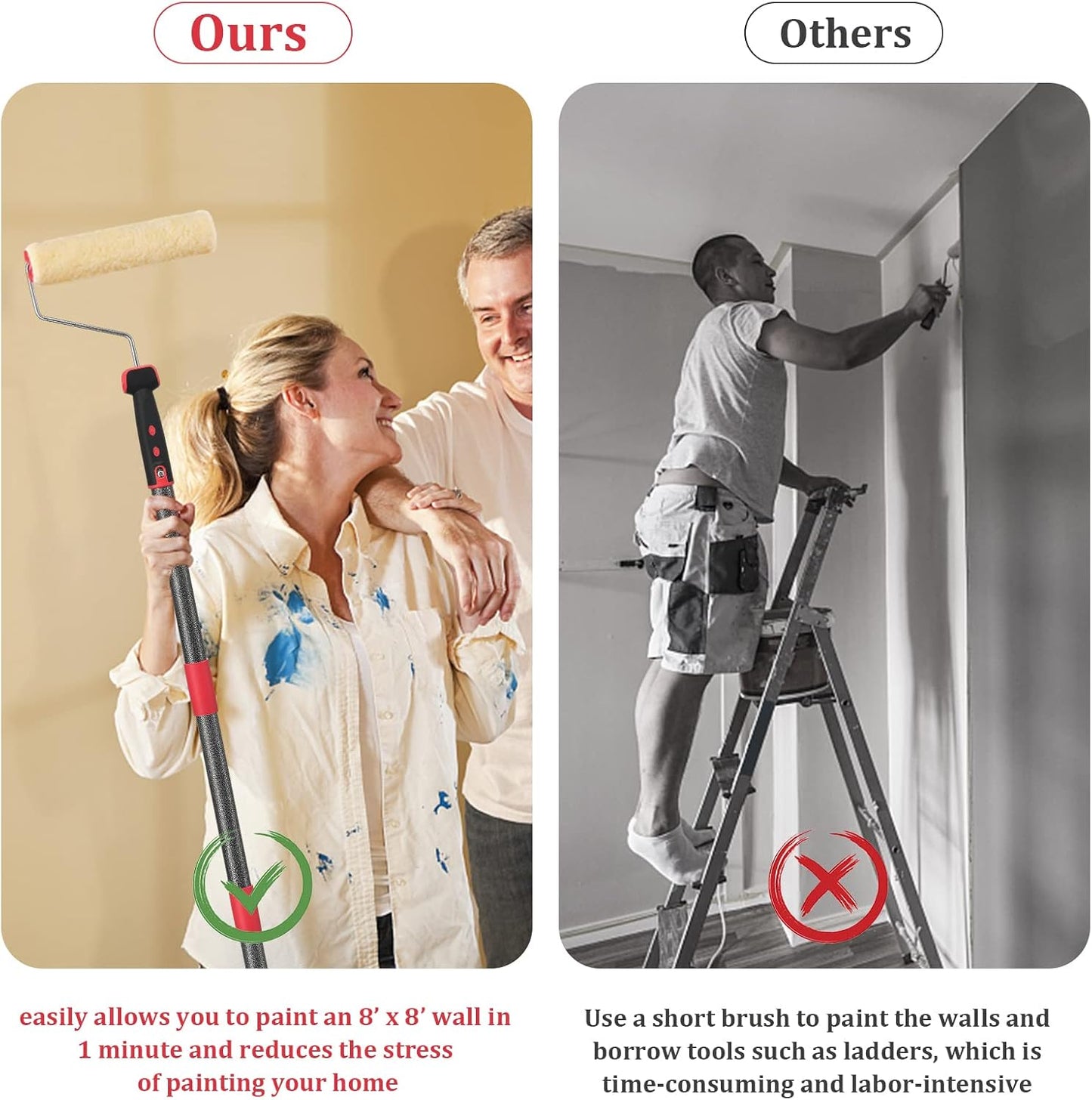 Paint Roller extension pole,48in Brush kit Multi-Function Paint Roller kit cleaner with House Paint Rollers Brush Stainless Steel Pole,Mural Brush for Walls and Ceiling paint roller no drip grey