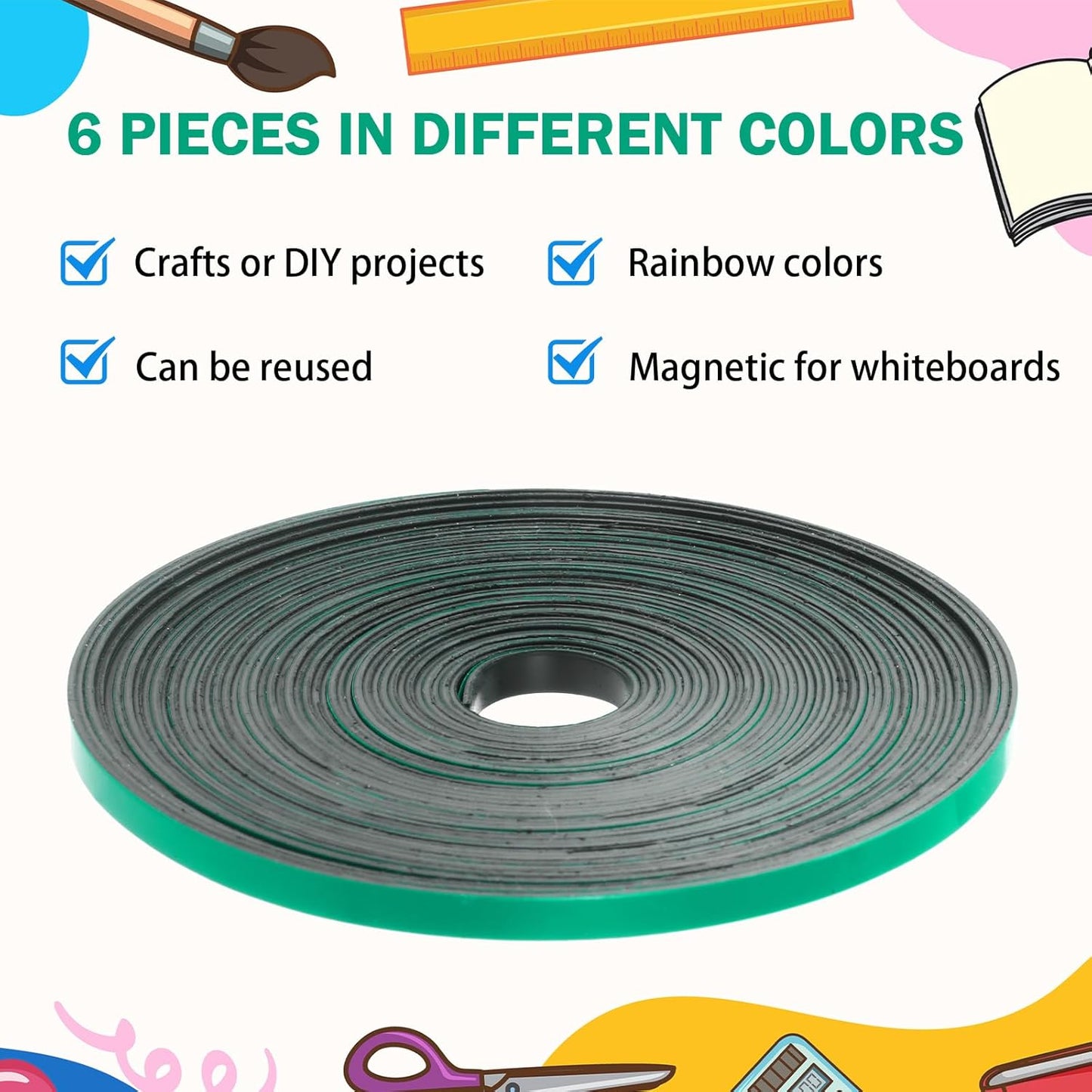 Magnetic Tape Roll Thin Strips, 1/4 Inch x 33 Feet Magnetic Board Dividers Whiteboard Graphic Decorative Tape Marking Line for Classroom Office Art Accessories(Green)