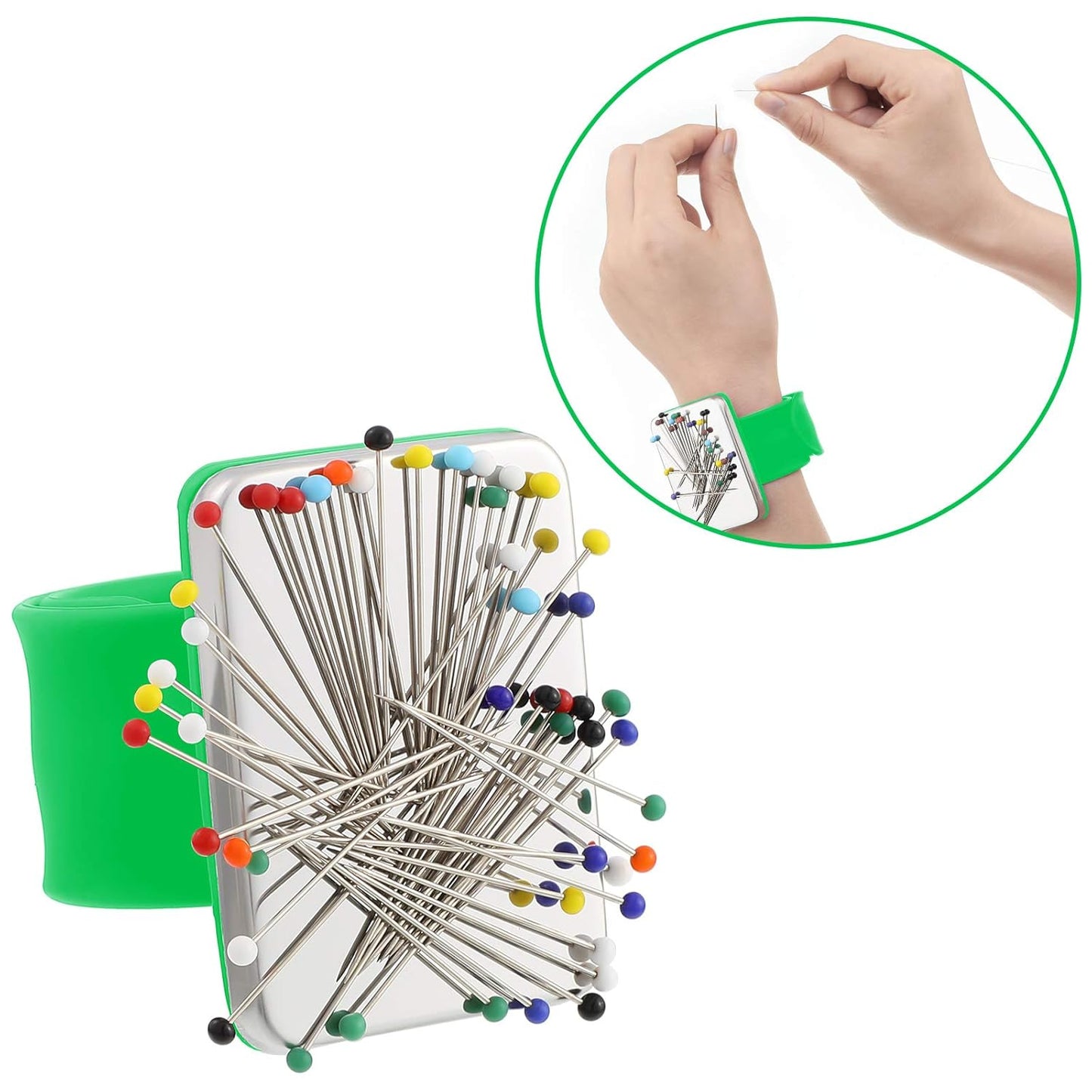 WILLBOND Magnetic Wrist Sewing Pincushion Wrist Magnetic Pin Holder Wristband Pin Cushion Holder with 3 Pcs Stainless Steel Pintail Comb Rat Tail Comb for Hair Clips Hand Sewing(Green)