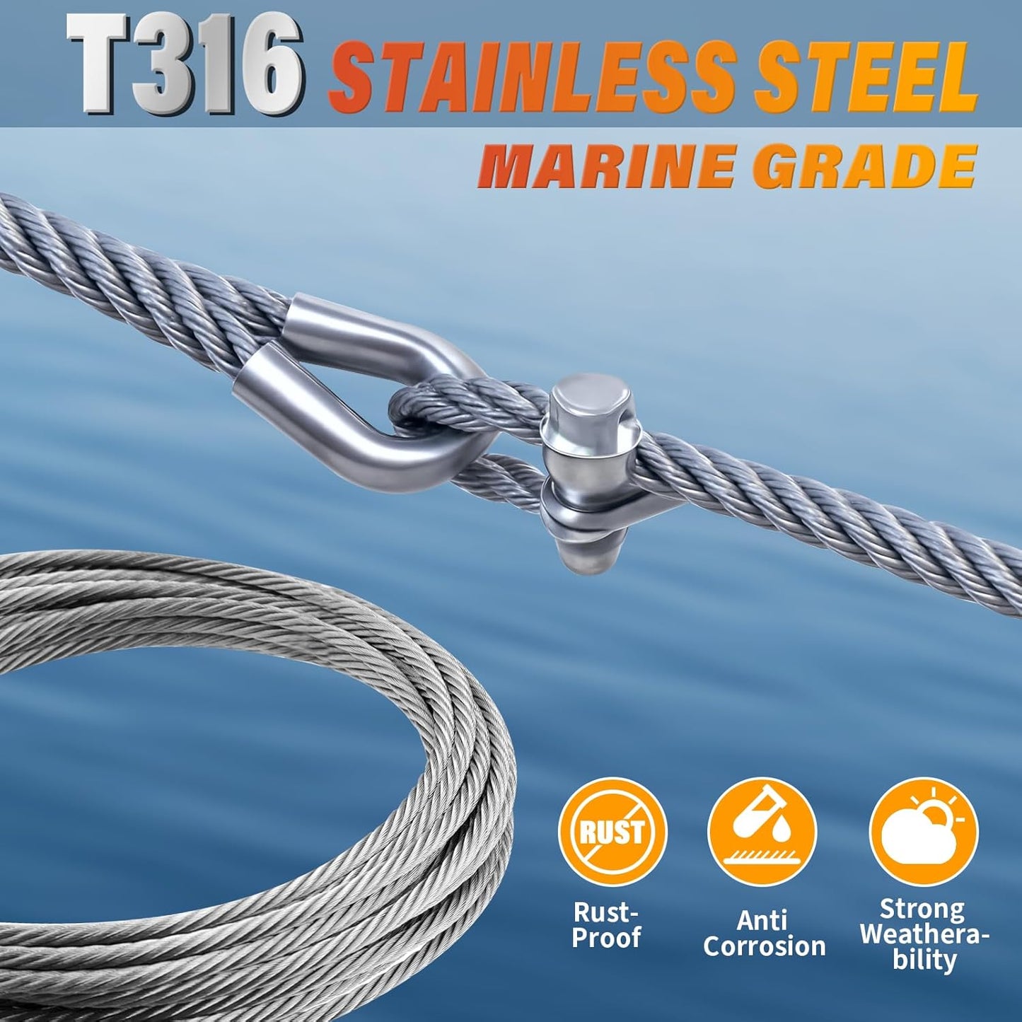 Stainless Steel Cable for Railing - 50FT 1/4" T316 Wire Rope with Clamps and Thimbles - 7 x 19 Strands 6700 LBS Breaking Strength for Outdoor Deck Railing Zipline