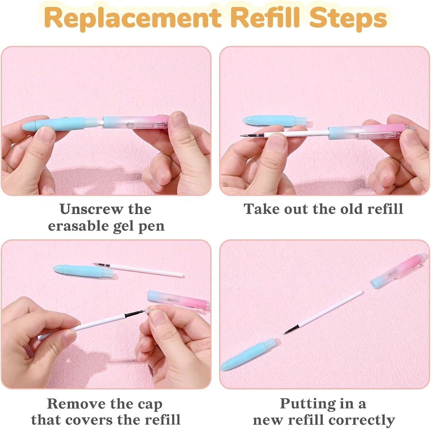 Temiary 4 Pcs Erasable Gel Pens & 10 Pcs Refills, Retractable Ink Pen with Eraser Clear, 0.5mm Fine Point Smooth Writing Make Mistakes Disappear for Crossword Puzzles Note Taking (Black Ink)