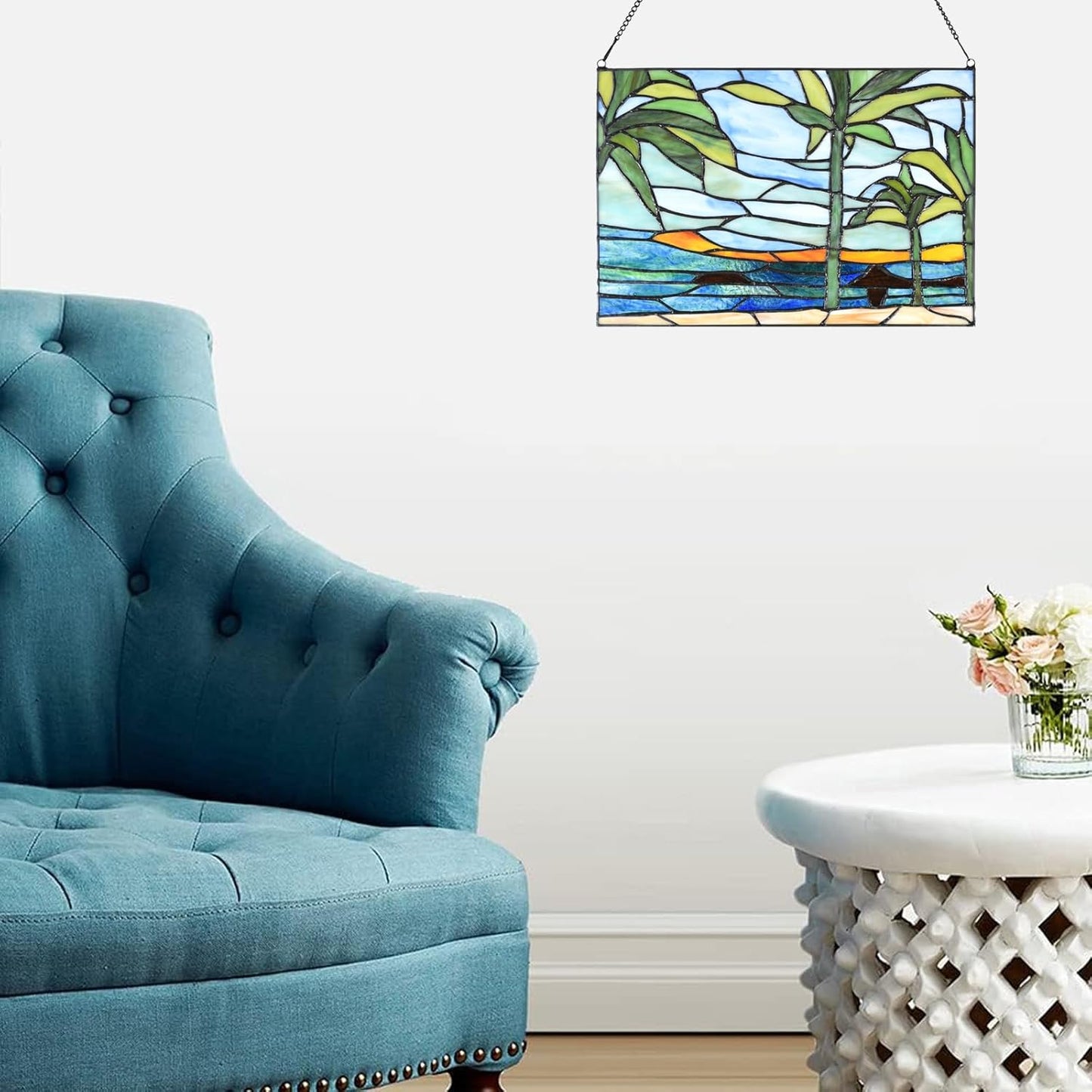 PA0006 Stained Glass Window Panel-14 Wx9.5 H Window Suncatcher Tiffany Style Ornament,Tropical Palm Trees Home Hanging Decorations