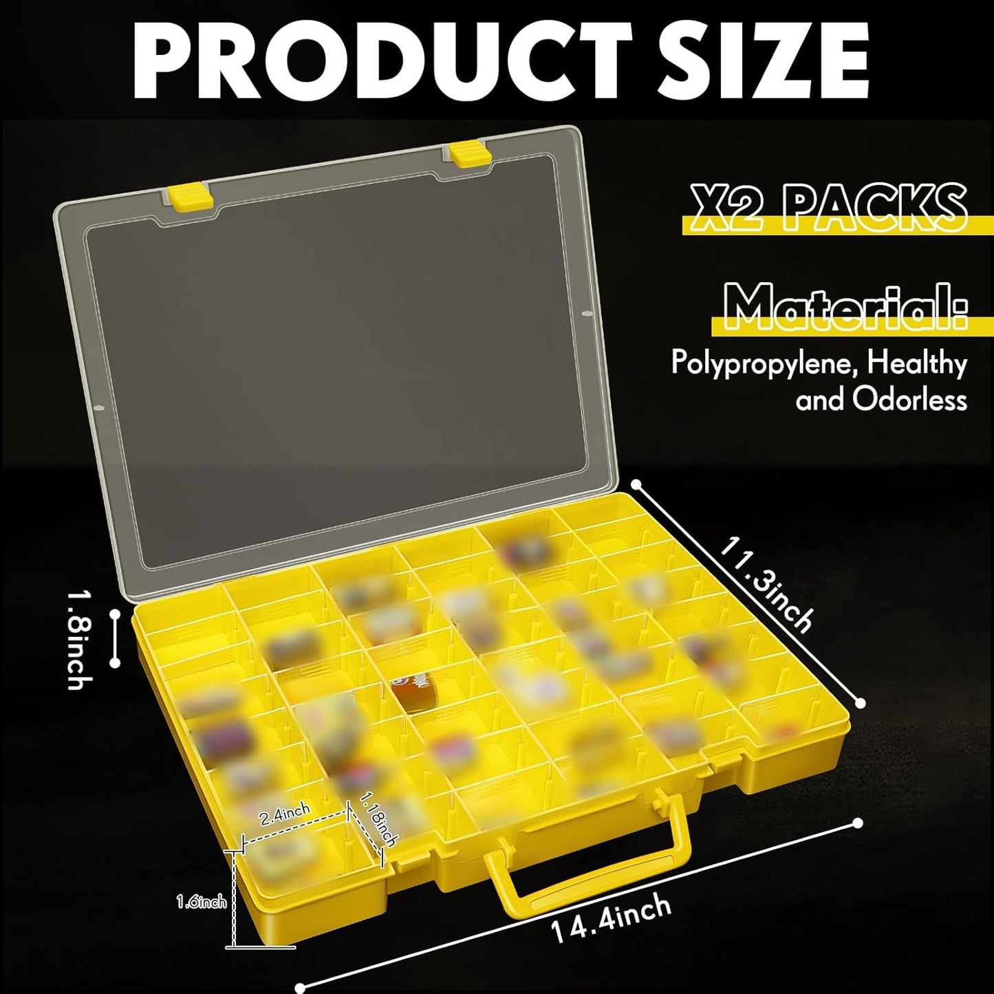 Juexica 2 Pcs Large 48 Grids Plastic Storage Bead Organizer Box, Tackle Box, Compartment Organizer Container with Adjustable Dividers for Jewelry Art Crafts Toys Screw Small Parts(Yellow)