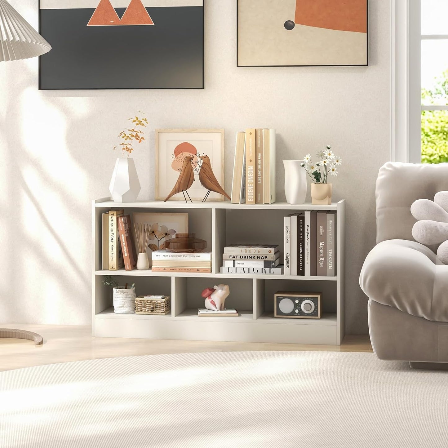 LOKO 2 Tier 5 Cube Bookcase, Open Shelf Storage Cabinet, Wooden Display Cabinet Shelf, Multipurpose Bookshelf for Living Room, Hallway, Home Office, Classroom (White)