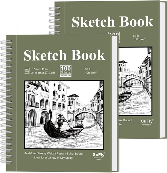 Sketch Book 8.5"x11", Spiral Sketchbook Pack of 2, SuFly 200 Sheets (68 lb/100gsm) Acid Free Sketch Pads for Drawing for Adults Spiral Bound with Hard Cover for Kids & Adults, 100 Sheets Each