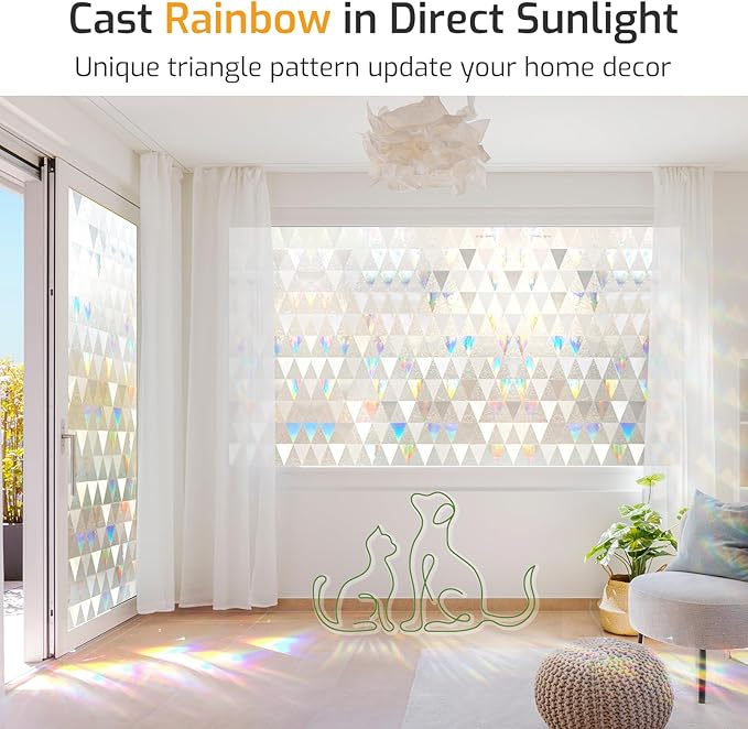 LUTE Window Privacy Film, Decorative Stained Glass Rainbow Window Clings, Sun Blocking Glass Covering, Renter-Friendly Static Cling Sticker Frosted Decals for Home Door Office, 35.4" x 78.7"