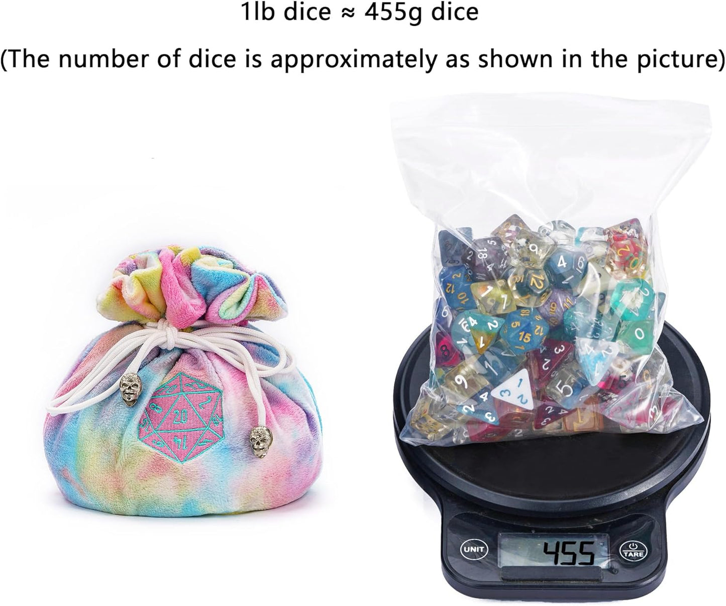 Large Dice Bags with Pockets Rainbow Storage Bag D20 Logo for DND RPG Game Dices (with 1lb Random DND Dice)