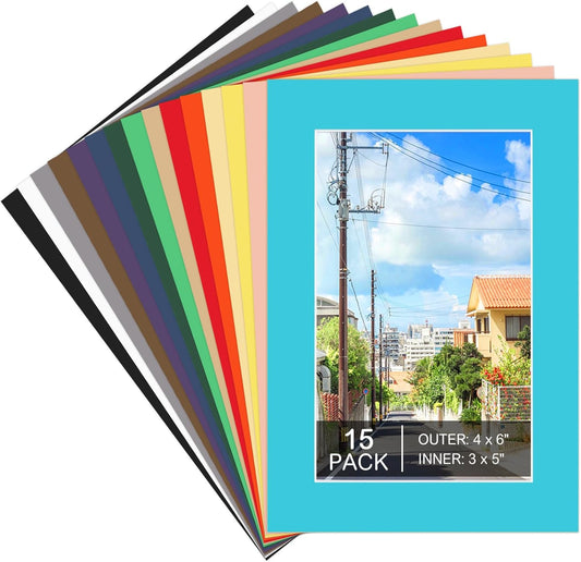 15 Pack 4x6 Picture Mats, Mixed Colors Frame Mattes for 3x5 Pictures Photo Frame Mat Core Bevel Cut Mat Board Show Kit for Photos, Prints, Artworks