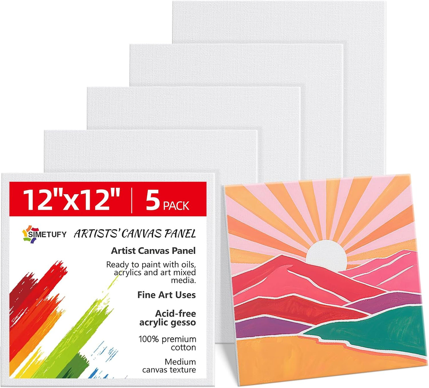 Simetufy 12 x 12 inch 5 Pack Painting Canvas Boards- Gesso Primed Acid-Free 100% Cotton Canvas Panels for Acrylics Oil Watercolor Tempera Paints