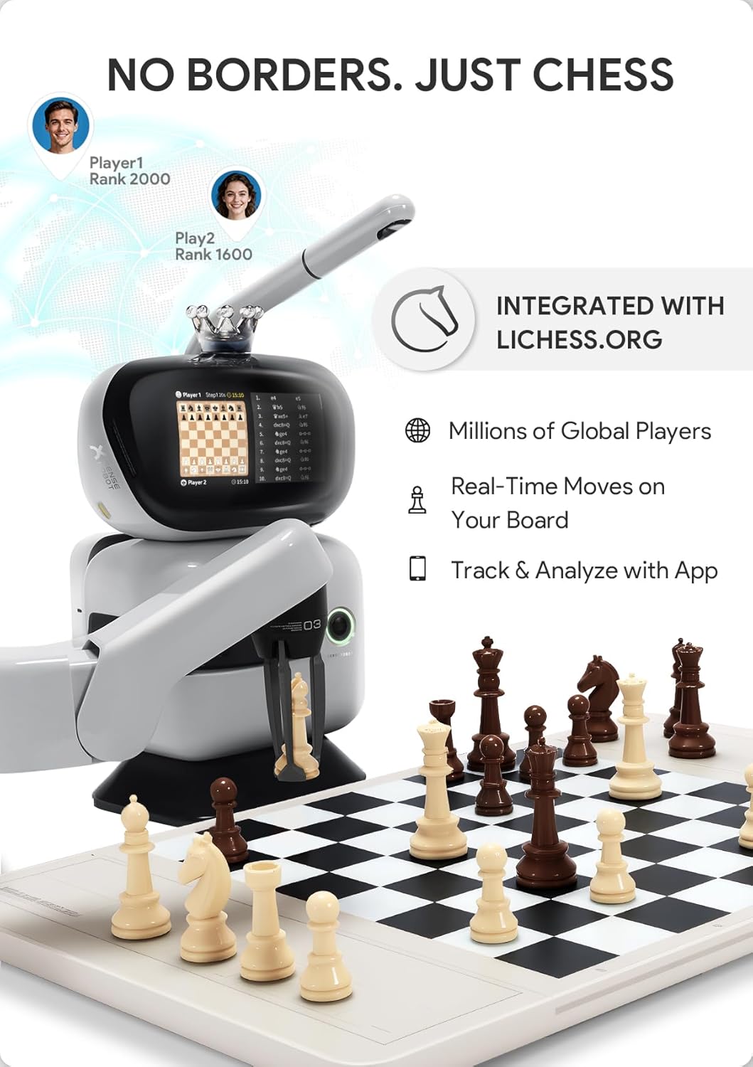 AI Chess Robot with Robotic Arm Electronic Computer Chess Board– 25 AI Levels, 1200+ Exercises, Endgame Trainer, Classic Game Replay, Voice Coaching, Lichess Integration