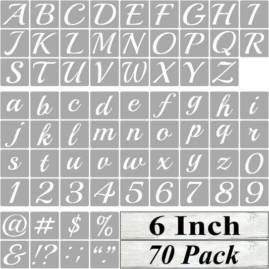 6 Inch Alphabet Letter Stencils for Painting - 70 Pack Letter and Number Stencil Templates with Signs for Painting on Wood, Reusable Cursive Letters Stencils for Chalkboard Wood Signs & Wall Art