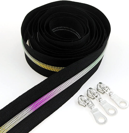 Leekayer #5 Metallic Nylon Coil Zippers by The Yard Rainbow Teeth Zipper Bulk 10 Yards Black Tape with 25pcs Silver Sliders for DIY Sewing Tailor Craft Bag(Black)