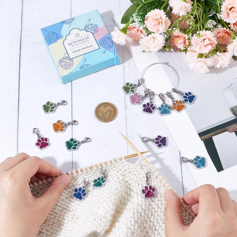SUNNYCLUE 1 Box 16Pcs Knitting Stitch Markers Cute Pet Paw Dog Cat Paws Enamel Charms Lobster Clasp Charms Removable Locking Crochet Pendants for Sewing Weaving DIY Zipper Pull Decoration