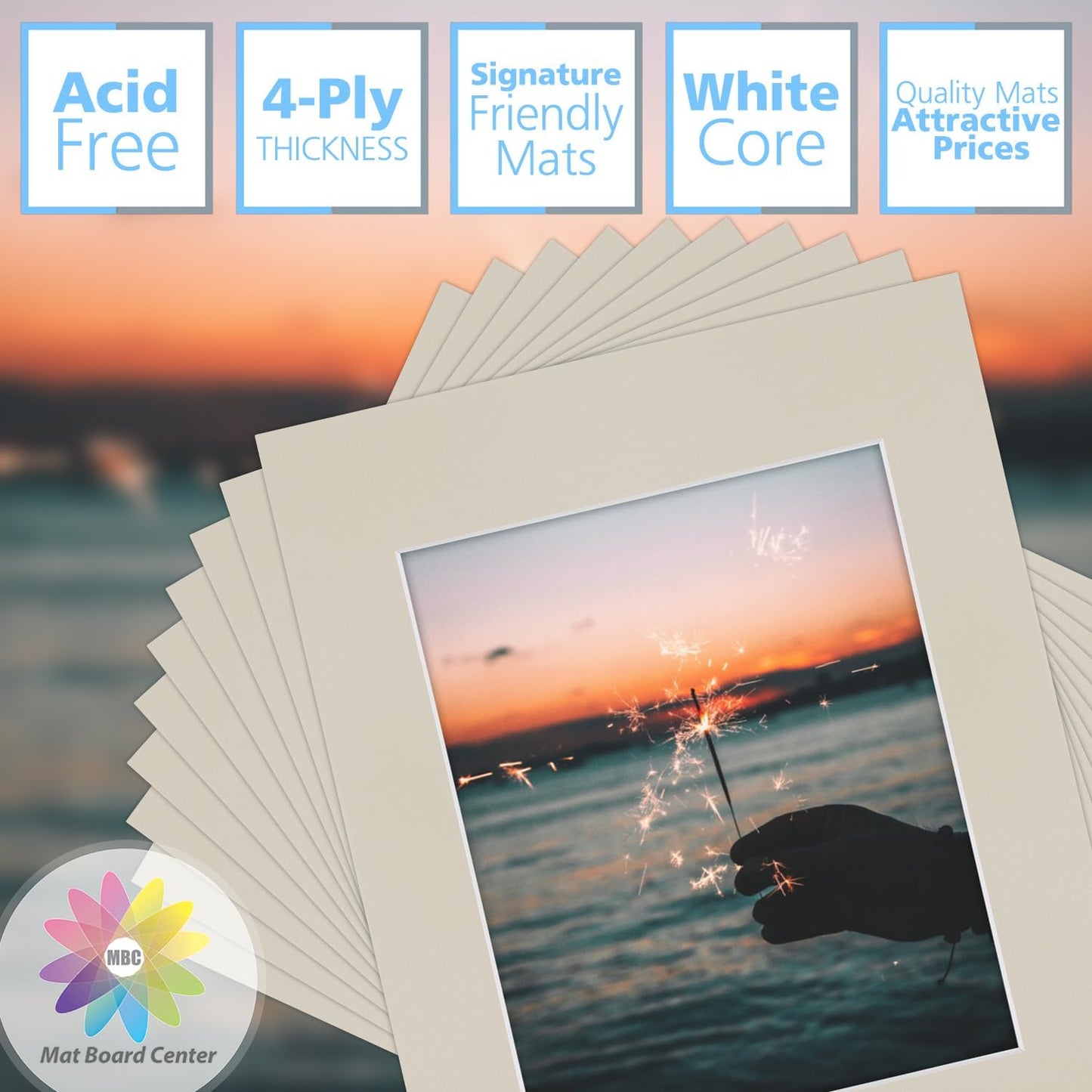 Mat Board Center, Pack of 10, 11x14 Mats for 8x10 Photos Light Gray Color - Bevel Cut, Acid Free, 4-ply Thickness, White Core - for Pictures, Photos, Framing