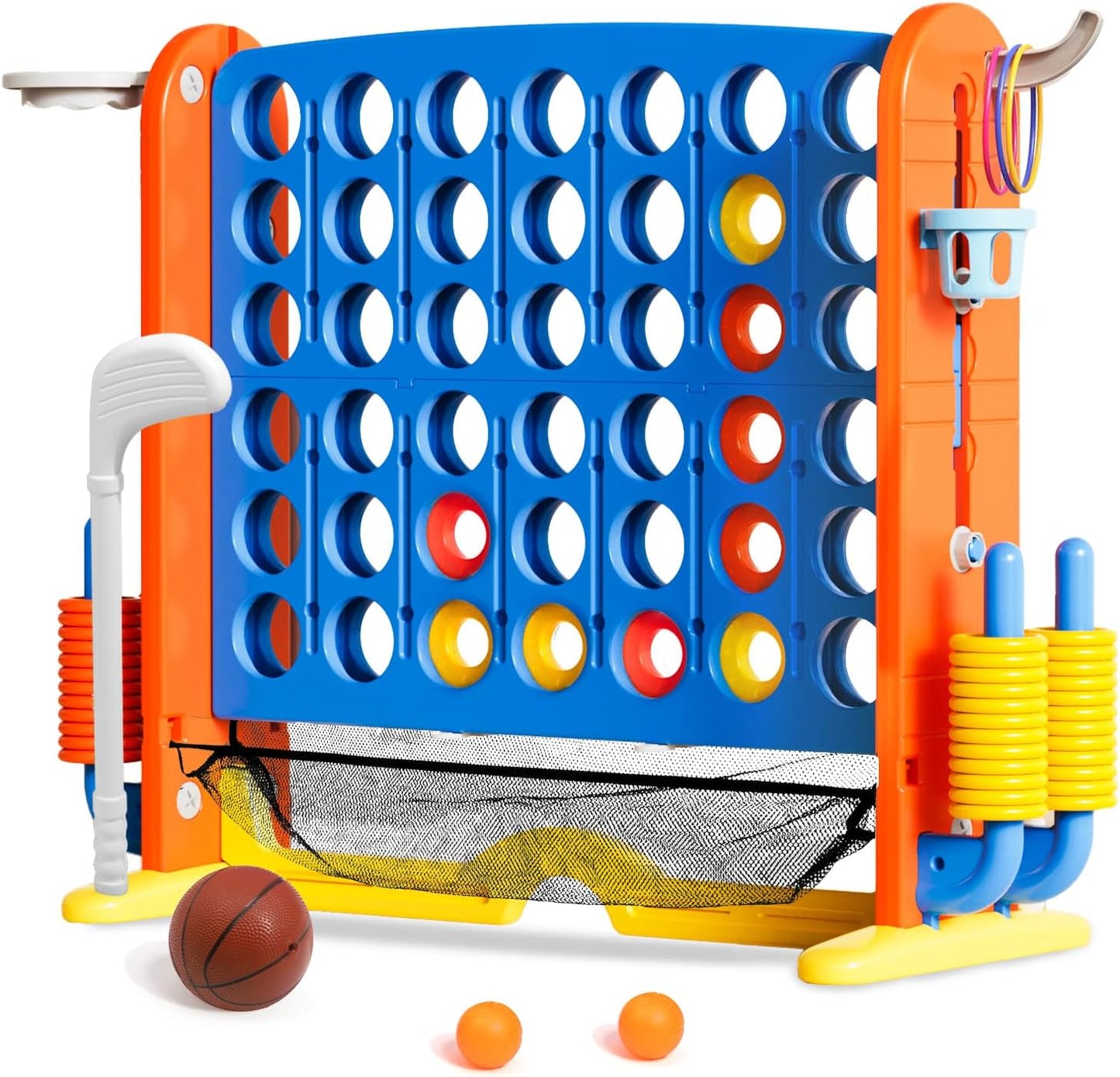 Giant 4 in a Row Connect Game with Mesh Fabric | Height Adjustable 4-in-1 Jumbo 4-to-Score Yard Game Set with Basketball, Golf & Ring Toss | Outdoor Indoor Family Yard Party Game for Kids & Adults