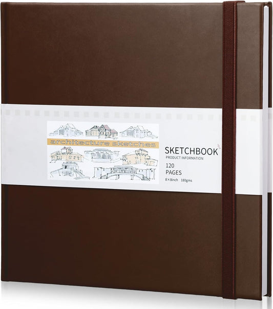 Moinchore Back to School Gifts Square Sketchbook 8 x 8 Inch Hardcover Art Sketch Book Drawing Papers 120 Pages, Mixed Media Journal Notebook with Elastic Closure Sketchbook for Drawing(Brown)