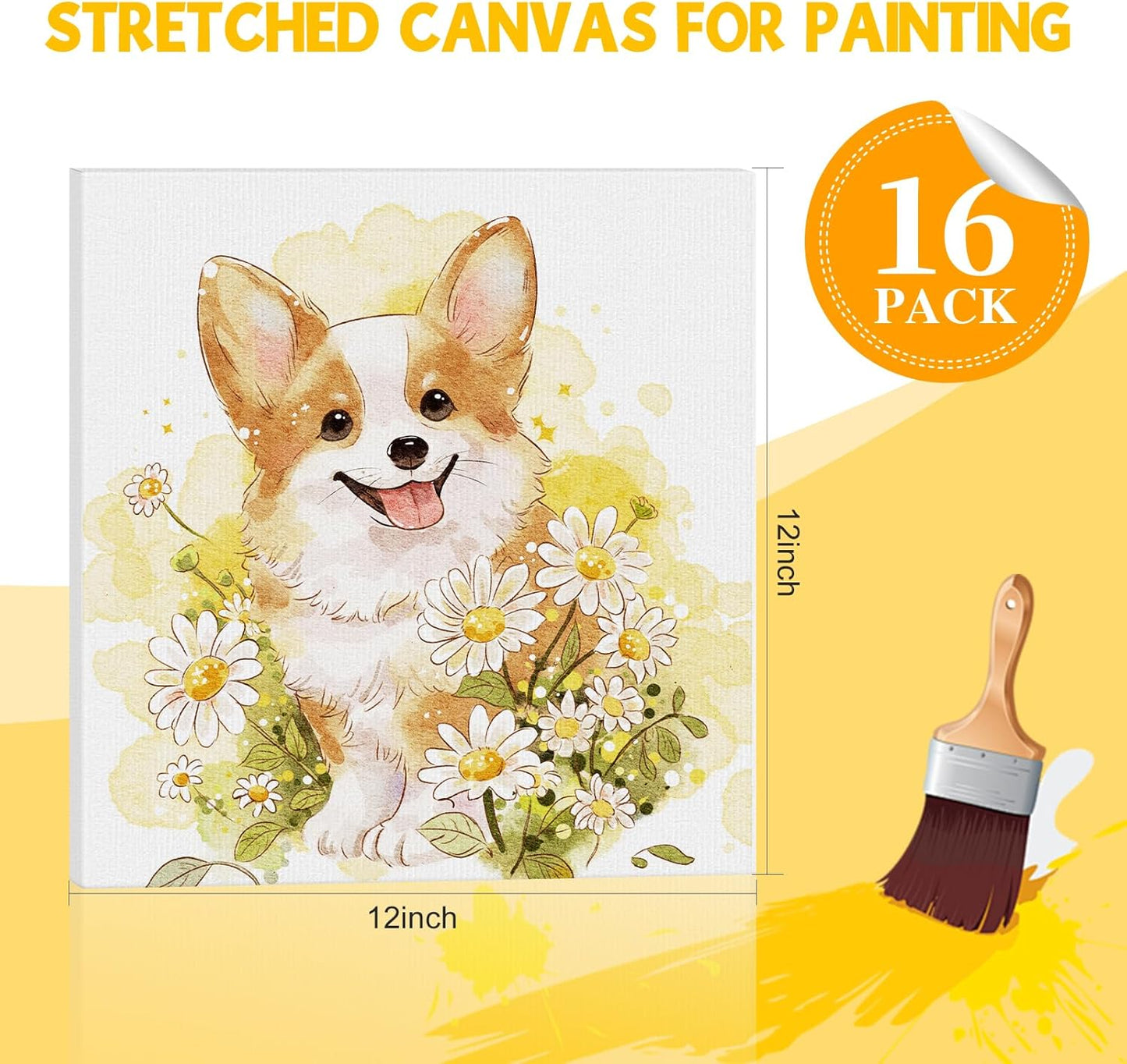 ESRICH Stretched Canvas for Painting 12x12 Inch, 16 Pack Painting Square Canvas -5/8 in Profile Primed Cotton White Blank Canvases for Painting for Oil & Acrylic Paint