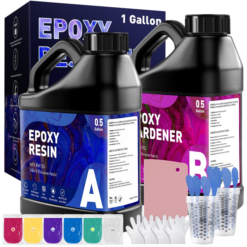 GRLELOU Epoxy Resin Kit 1 Gallon, Crystal Clear Epoxy Resin Easy Mix 1:1, Not Yellowing, Bubble Free, High Gloss, Self Leveling Coating & Casting for Jewelry Making, DIY Craft Wood Molds (0.5 gal×2)