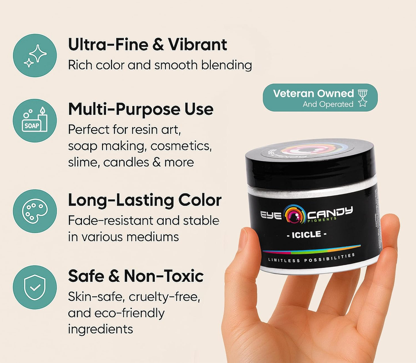 Eye Candy Pigments Premium White Mica Powder - Icicle (50gr) - for Epoxy, Resin, Soap, Paint, Woodworking, Acrylic Pouring, Bath Bombs, Fishing Lures - DIY Arts and Crafts Additive