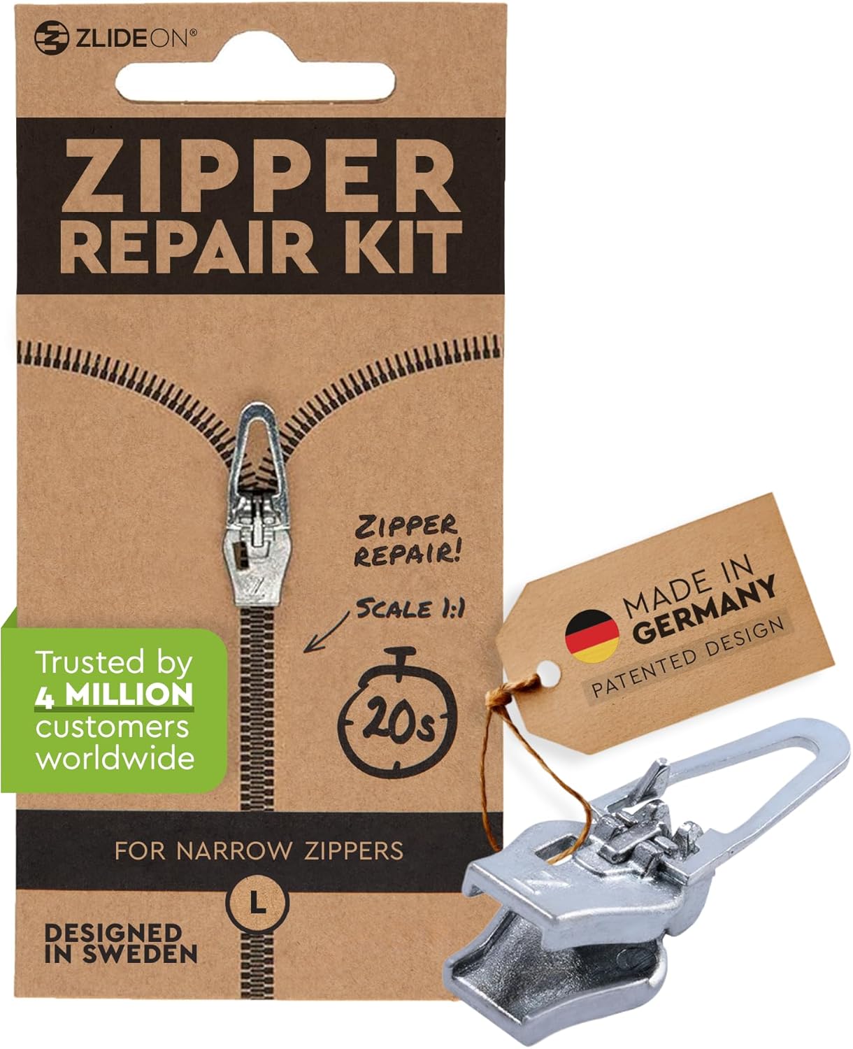 ZlideOn Zipper Pull Replacement - 1pcs, Silver, Narrow (L) - Instant Zipper Replacement Slider