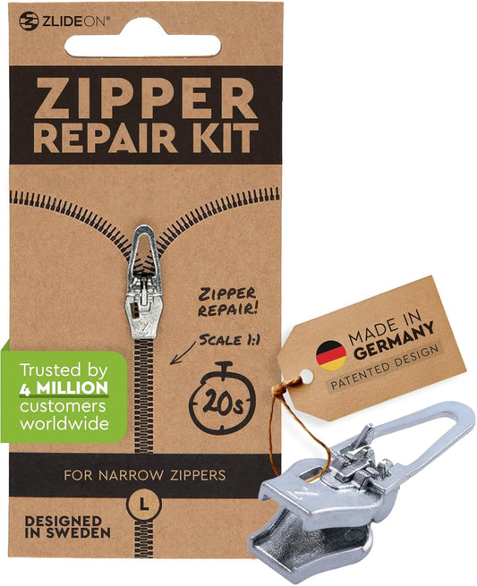 ZlideOn Zipper Pull Replacement - 1pcs, Silver, Narrow (L) - Instant Zipper Replacement Slider