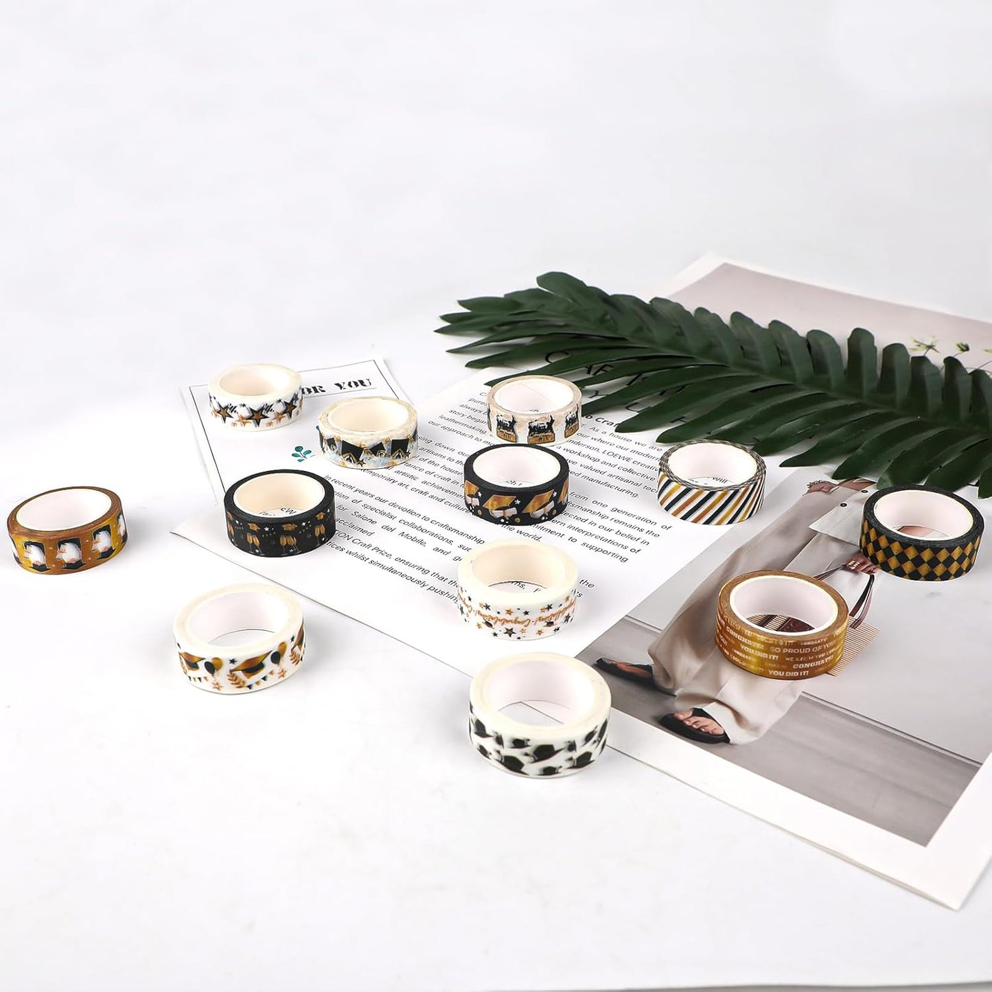 12 Rolls Graduation Washi Tape Set, Gold Foil Congratulations Graduation Masking Tapes, Black Gold Star Grad Cap Decorative Sticker Tape for Graduation Scrapbook DIY Crafts Gift Packaging 16.4FT