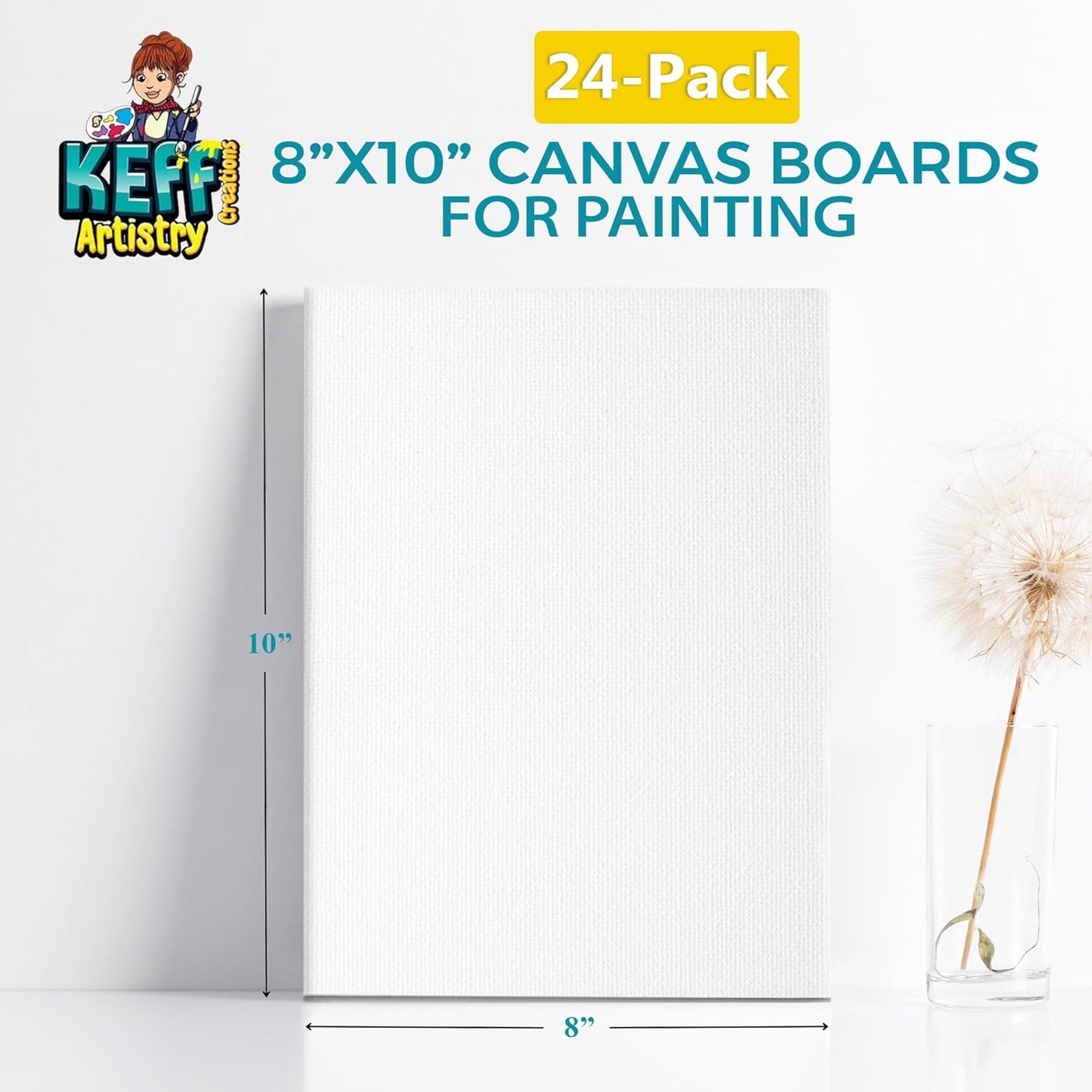 KEFF Canvas Boards for Painting - 8x10 24-Pack Bulk Canvas Panels Value Pack - 100% Cotton Triple Primed Canvases for Painting Supplies, Acrylic, Oil, Watercolor & Tempera