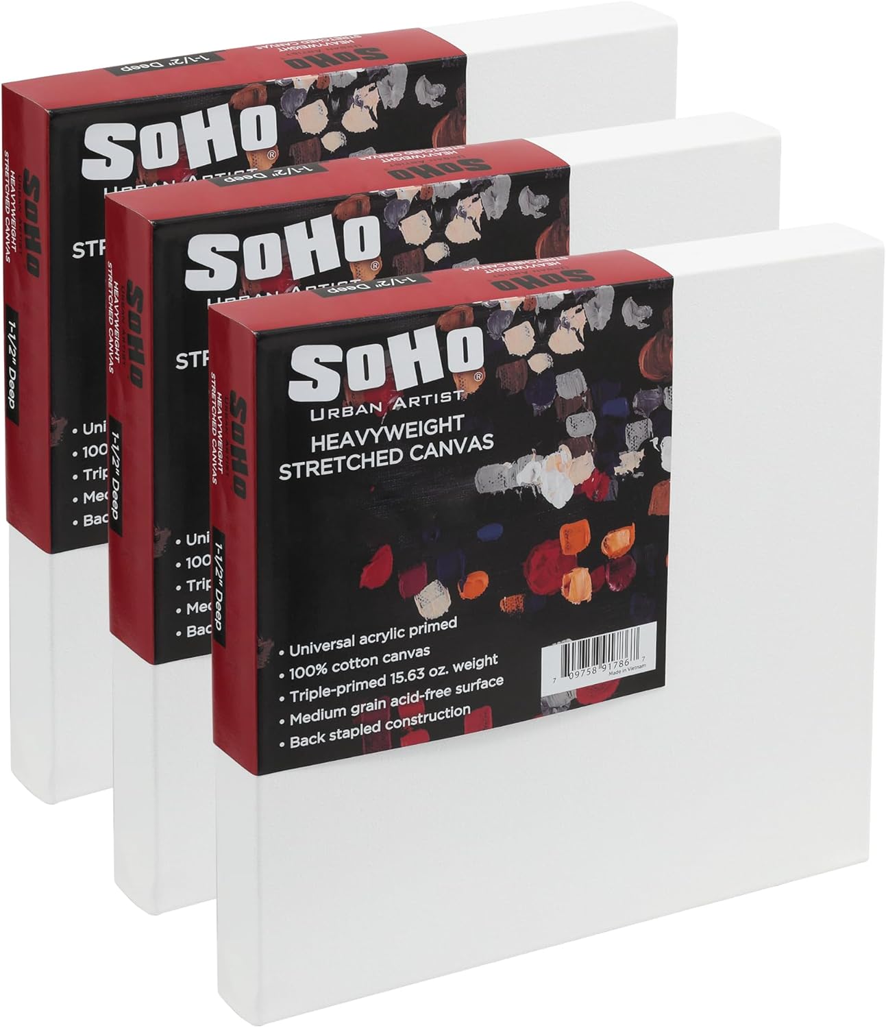 SoHo Urban Artist, 24x24 Heavyweight Stretched Cotton Canvas for Painting - 1.5" Deep- 3 Pack, Triple Primed, 100% Cotton Canvas, Archival, Universal Primed for Oil, Acrylic, Alkyd, Mixed Media