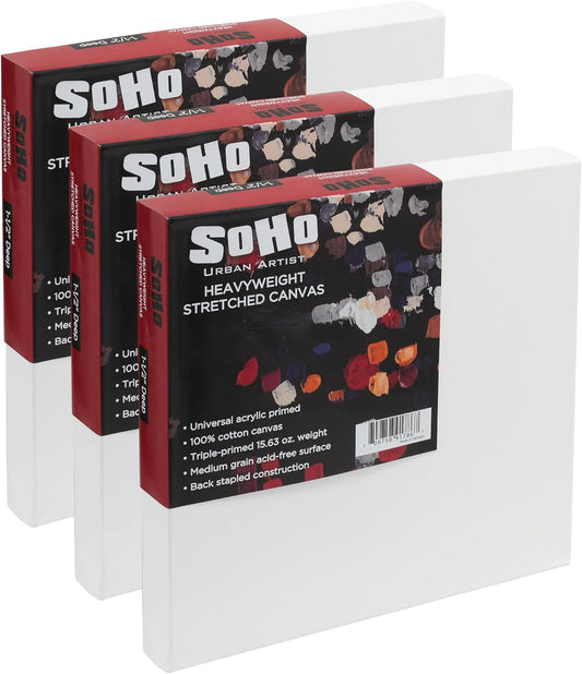 SoHo Urban Artist, 30x30 Heavyweight Stretched Cotton Canvas for Painting - 1.5" Deep- 3 Pack, Triple Primed, 100% Cotton Canvas, Archival, Universal Primed for Oil, Acrylic, Alkyd, Mixed Media
