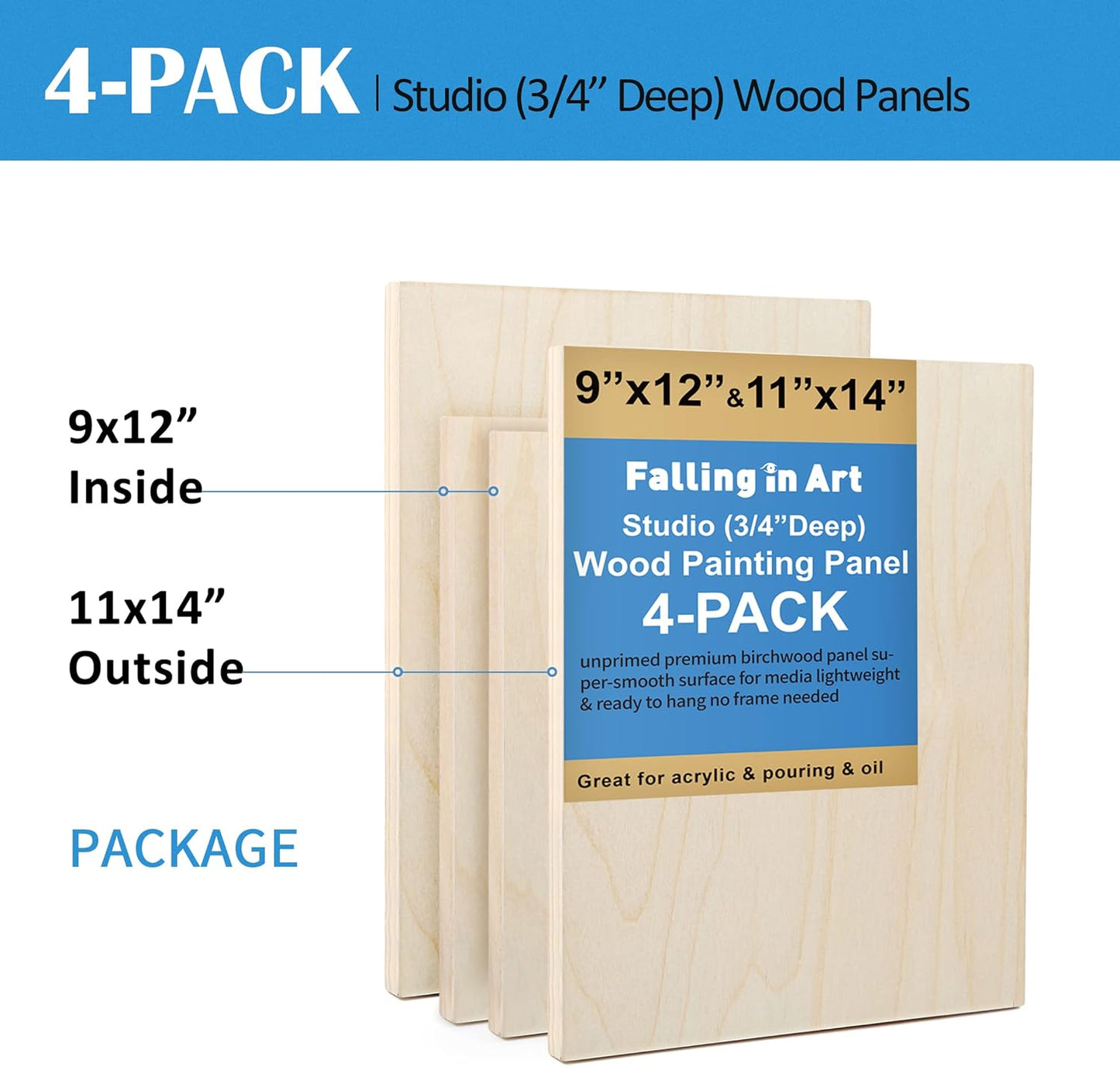 Falling in Art Unfinished Birch Wood Canvas Panels Kit, 4 Pack of 2 Sizes 11x14' and 9x12' Studio 3/4’’ Deep Cradle Boards for Pouring Art, Crafts, Painting, and More