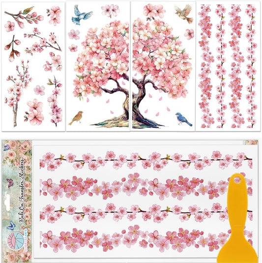 GLOBLELAND 4 Sheets Cherry Blossoms Tree Rub on Transfers 12x6inch Pink Flowers Furniture Transfers Sticker Birds UV Transfers Decal Craft for Bedroom Living Room Desk Table Decoration