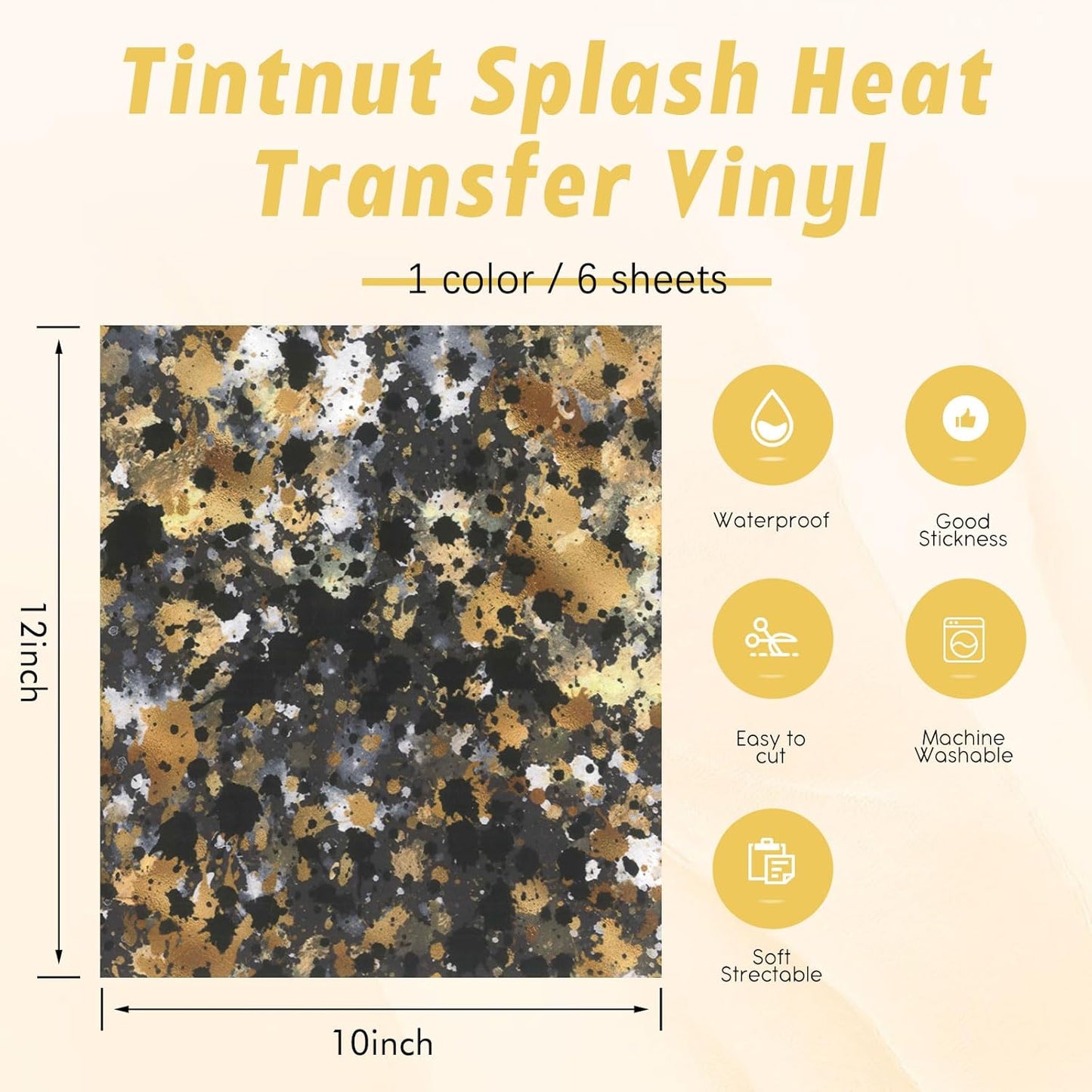 Tintnut Black Gold Splash Heat Transfer Vinyl - 6 Sheets 10"x12"Watercolor HTV Patterned HTV Iron On Vinyl for T-Shirts Hats Clothes,for Cricut & Silhouette Cameo