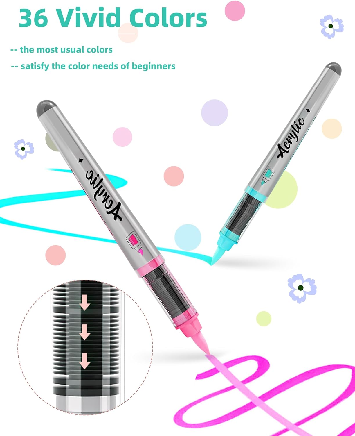 Woomer Premium Acrylic Paint Markers, Auto Liquid Ink, Non-Toxic 36 Colors Acrylic Pens with Soft Brush Tip, Wood Fabric Rock Painting Marker with Case for Teen Artist DIY Crafts