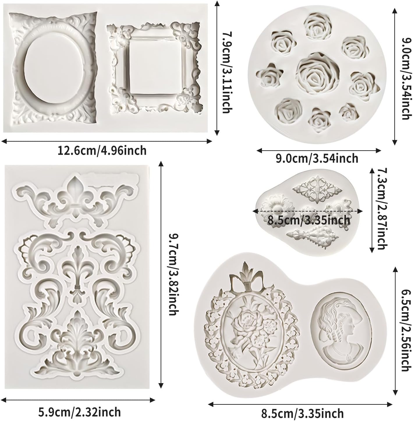 Growtail Vintage Frame Fondant Silicone Molds - Baroque & Rose Flower Designs for Chocolate Cake Decoration & Cupcake Toppers