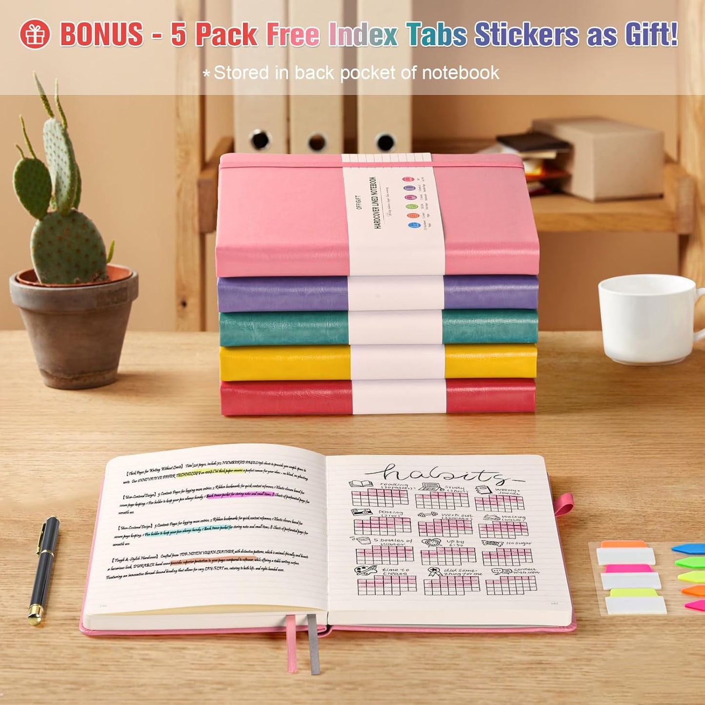 5 Pack Lined Notebook Journal for Women, 312 Numbered Pages Thick Notebooks Bulk, 100gsm No Bleed Paper Hardcover Leather Journal, College Ruled Notebook Set for Work Writing Travel, A5, Multicolor