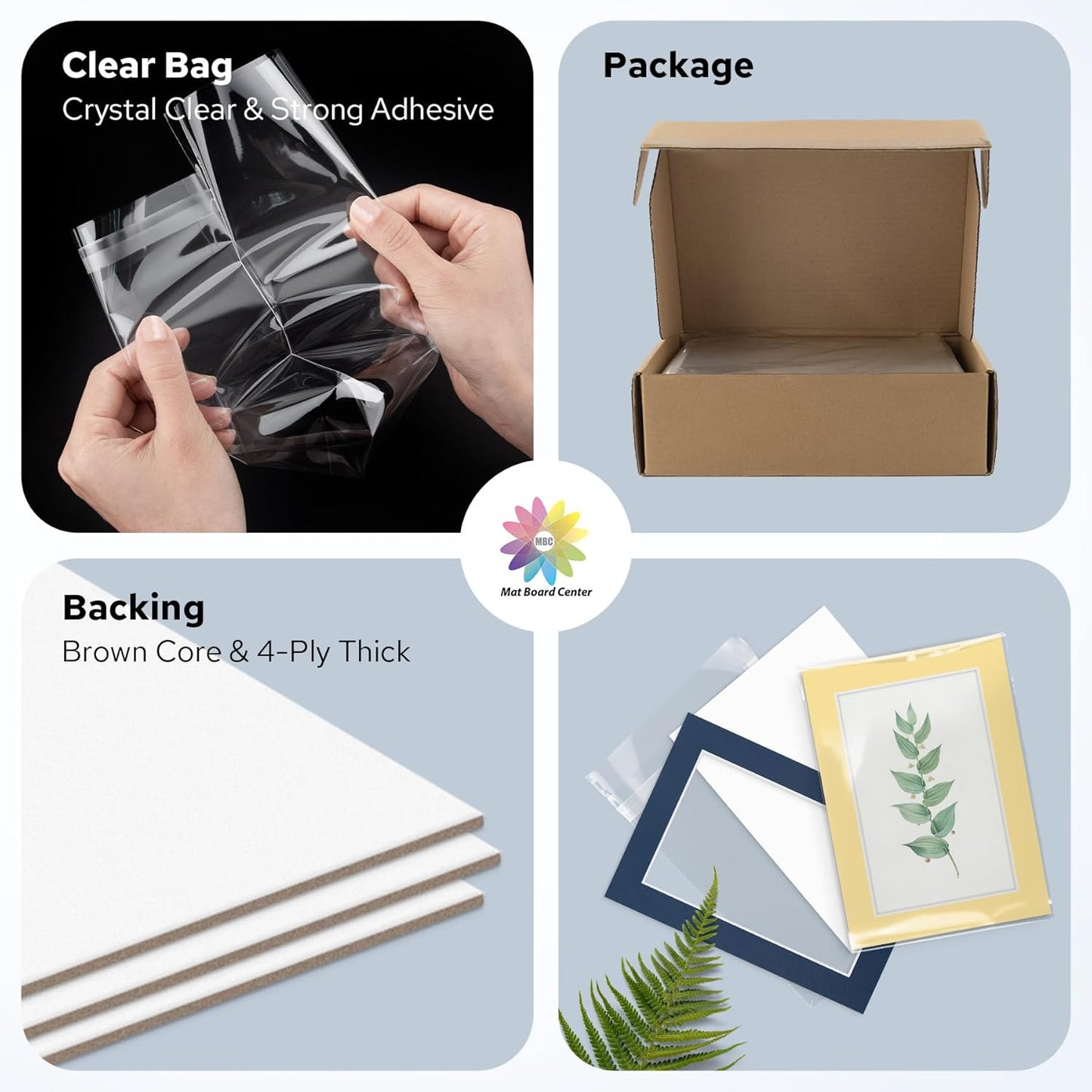 Mat Board Center, Pack of 50, 5x7 for 4x6 Mix Color Mat Kit - Acid Free, 4-ply Thickness, White Core - Includes Backing Boards and Clear Bags - for Pictures, Photos, Framing