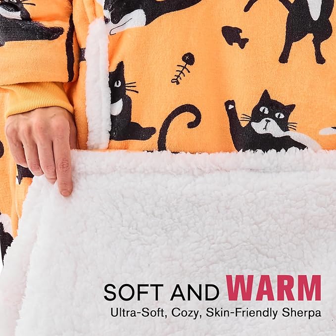 yescool Wearable Blanket Hoodie, Flannel Sherpa Fleece Blanket Sweatshirt for Adults Women Men,One Size Fits All