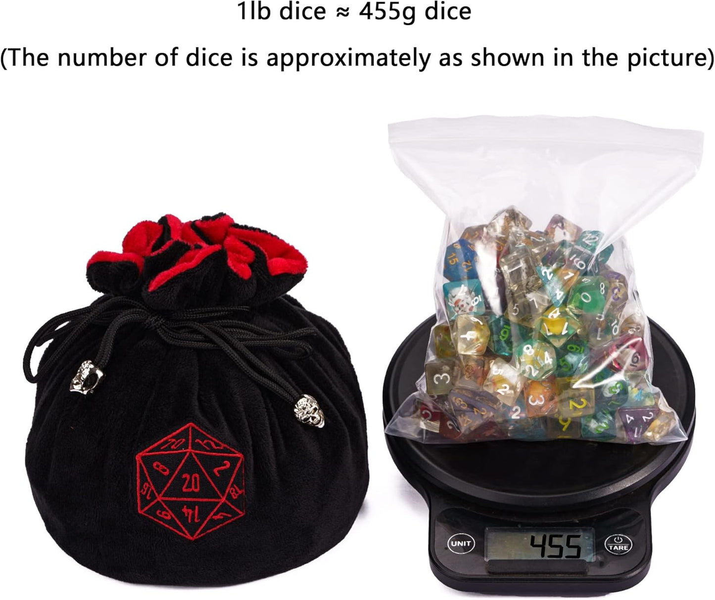 Large Dice Bags with Pockets Black Storage Bag D20 Logo for DND RPG Game Dices (with 1lb Random DND Dice)