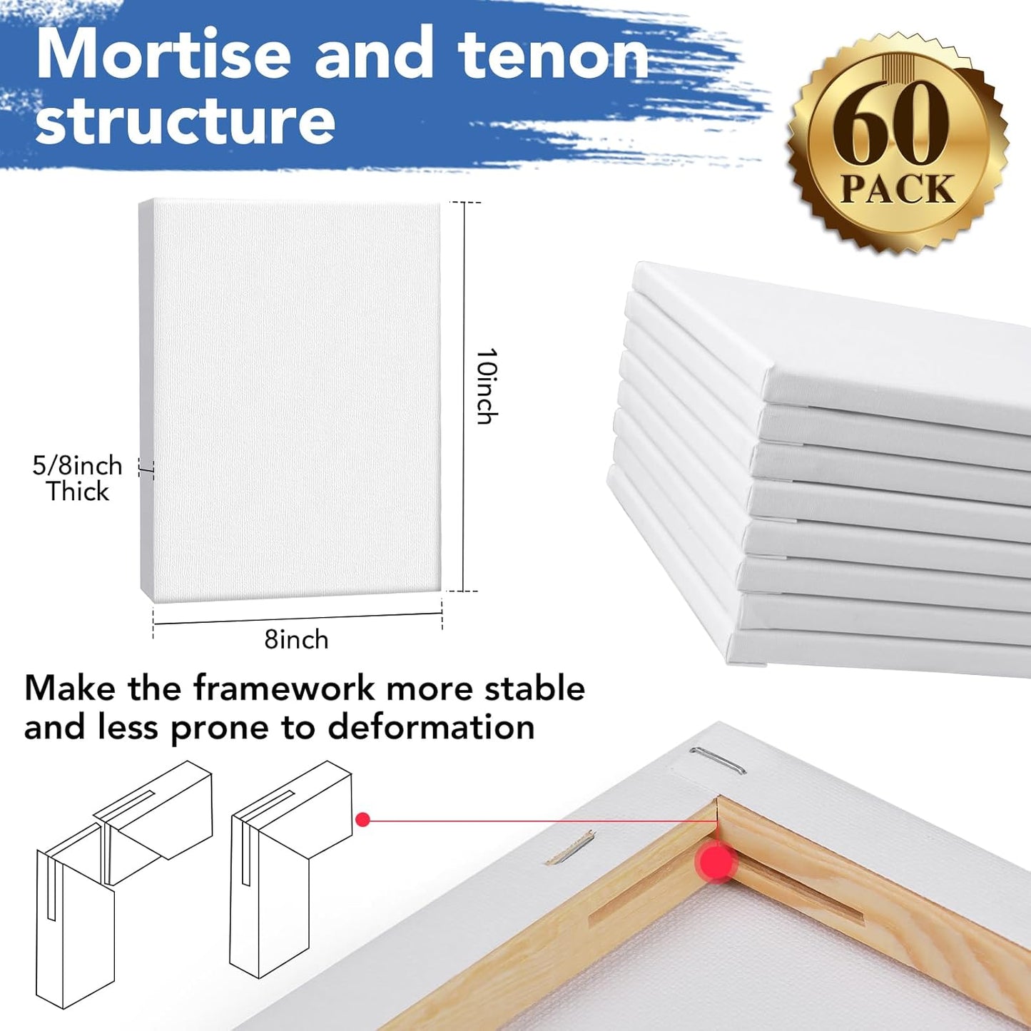 ESRICH Stretched Canvases for Painting 8x10, 60 Pack 8x10 Canvases for Painting,Primed Acid-Free Cotton Blank Canvas, Paint Canvases for Oil & Acrylic Paint.