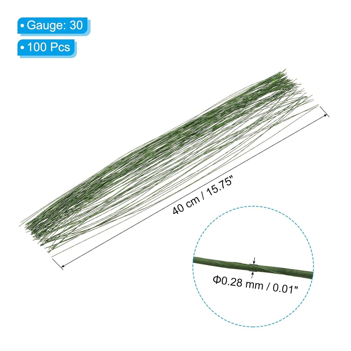 PATIKIL 30 Gauge 16" Floral Stem Wire, 100 Pcs Paper Wrapped Iron Artificial Flower Stem Accessories for DIY Bouquet Stem and Craft Decoration, Dark Green