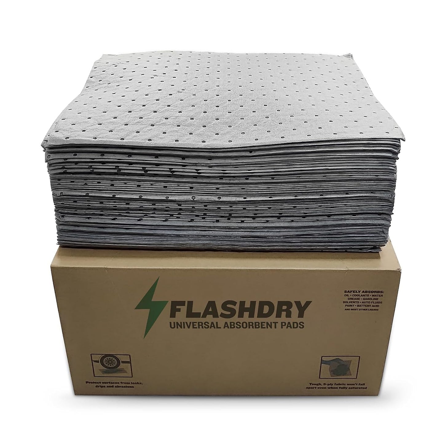 FlashDry - Universal Spill Absorbent Pads | 17.5” x 13.5” x 2mm Oil and All Purpose Premium Liquid Pads Packed in a Convenient Sturdy Dispensing Box - 300 Pads in Total